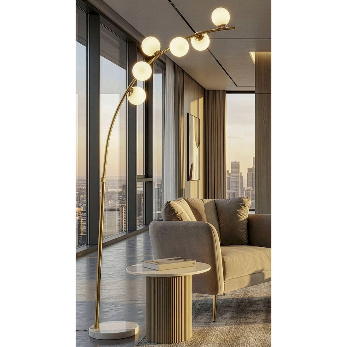Lampadaire arc 6 globes en verre socle marbre doré et blanc, RECOLLECTION