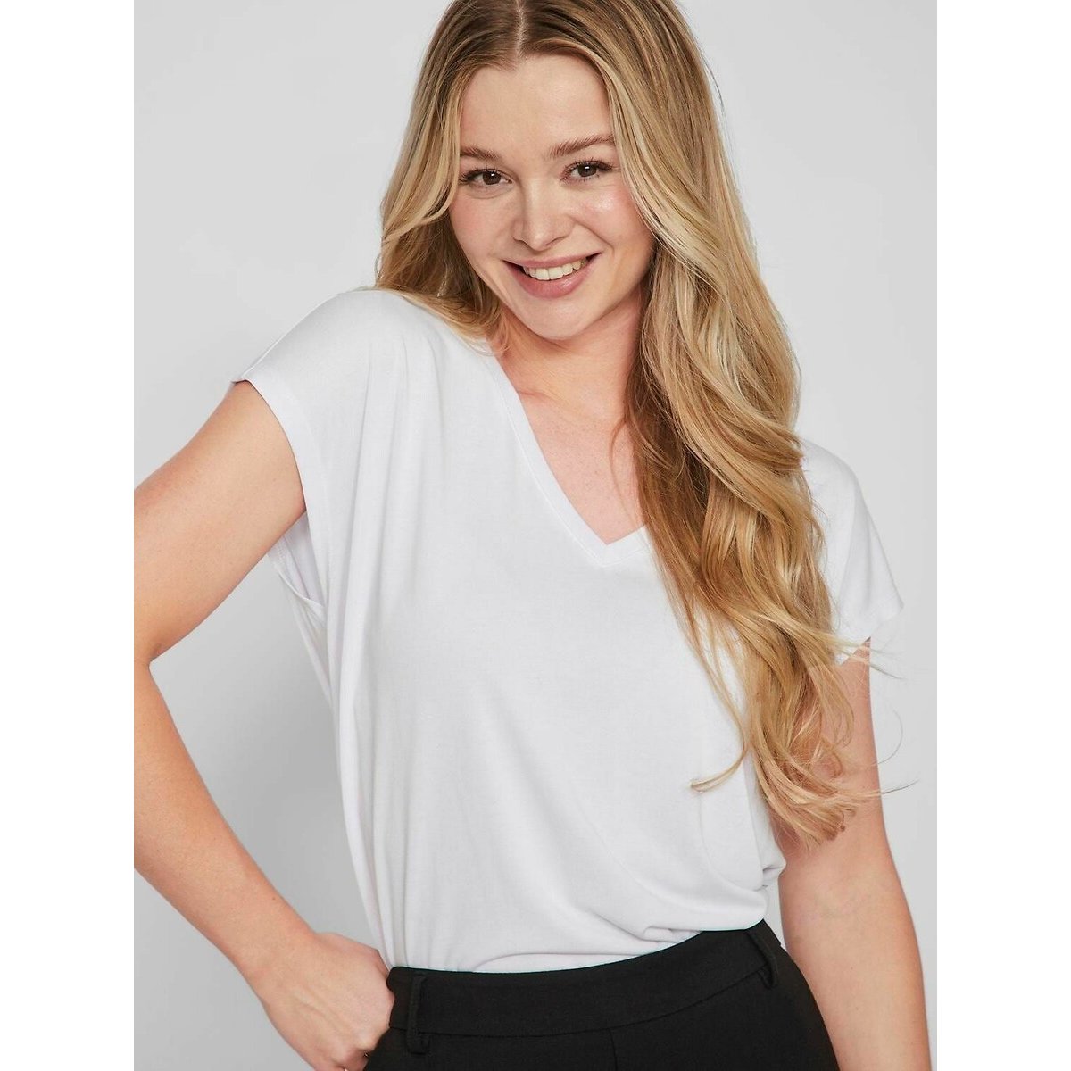 V-Neck T-Shirt with Short Sleeves white, VILA