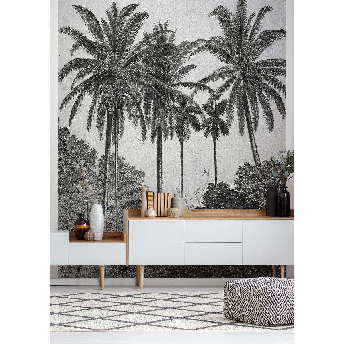 Papier peint panoramique Palmiers gris noir, ART FOR THE HOME