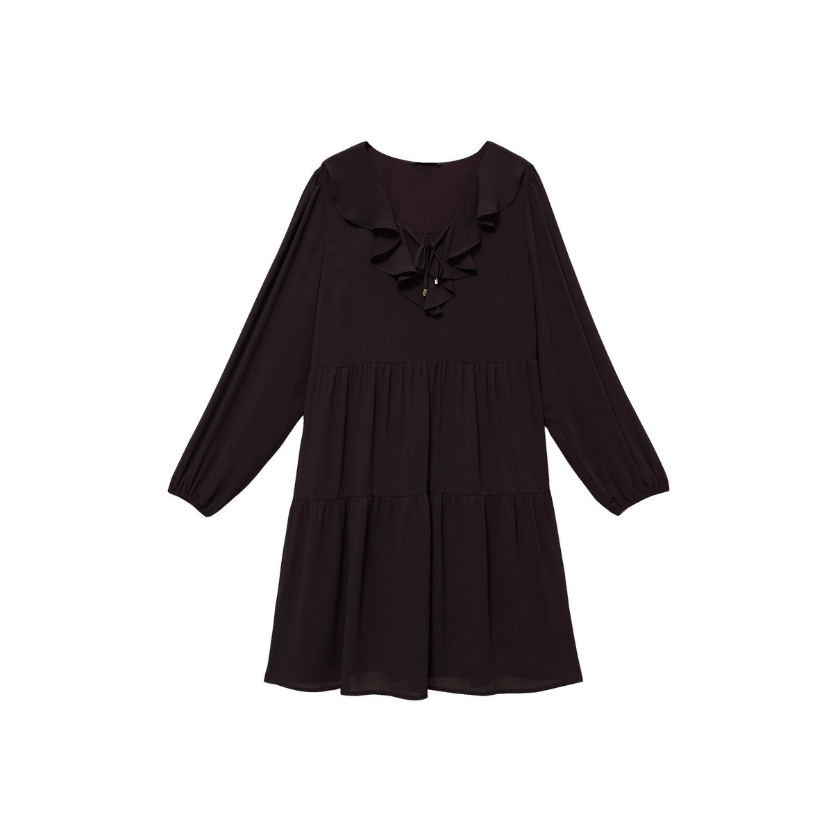 Robe courte évasée col v manches longues marron foncé, BREAL