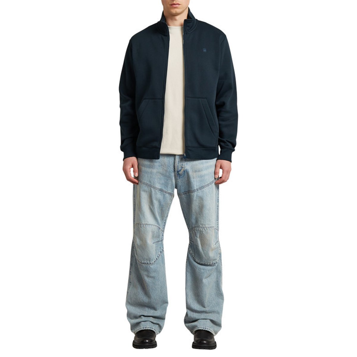 Sweat zippé bleu marine uni avec une coupe droite et un col montant bleu foncé, G-Star RAW