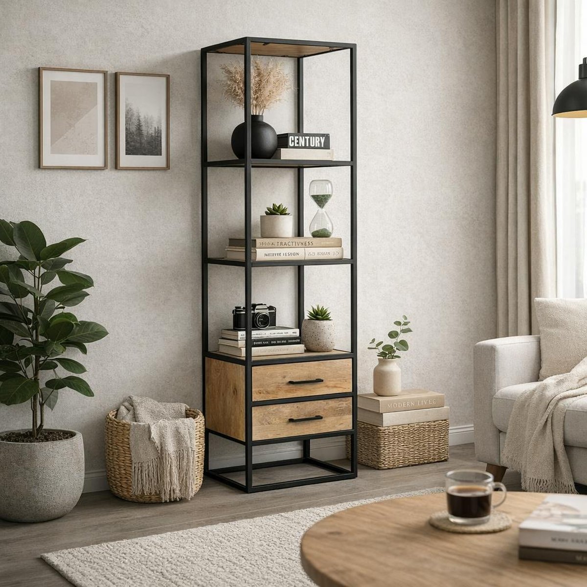 Colonne salon en bois clair 3 plateaux 2 tiroirs RIVANO bois naturel, PIER IMPORT