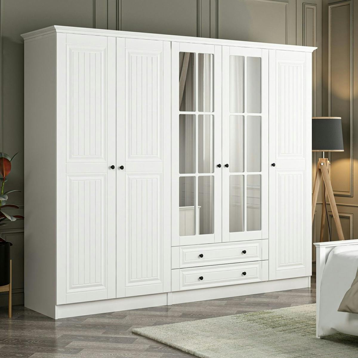 Armoire penderie blanche à moulures, 5 portes 2 miroirs BYRON blanc, PIER IMPORT