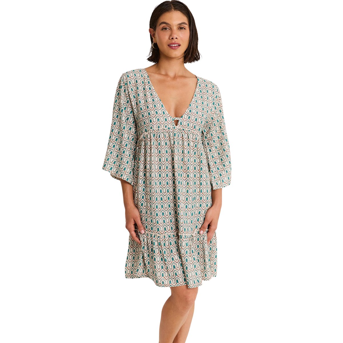 Robe tunique de plage manches mi-longues KALEIDO vert, SELMARK MARE