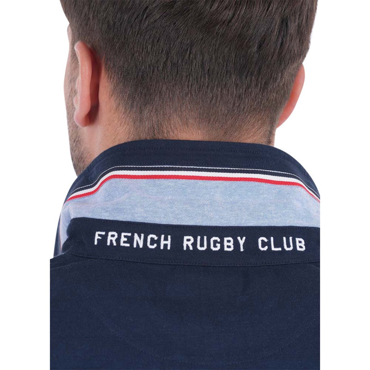 Polo en coton biologique marine rayé avec un col à revers et une coupe droite marine, RUCKFIELD