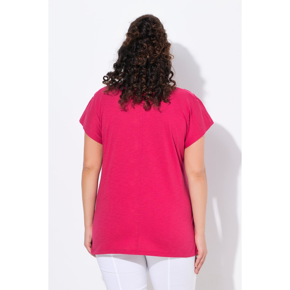 T-shirt, motif palmiers, oversize, col V framboise foncé, ULLA POPKEN