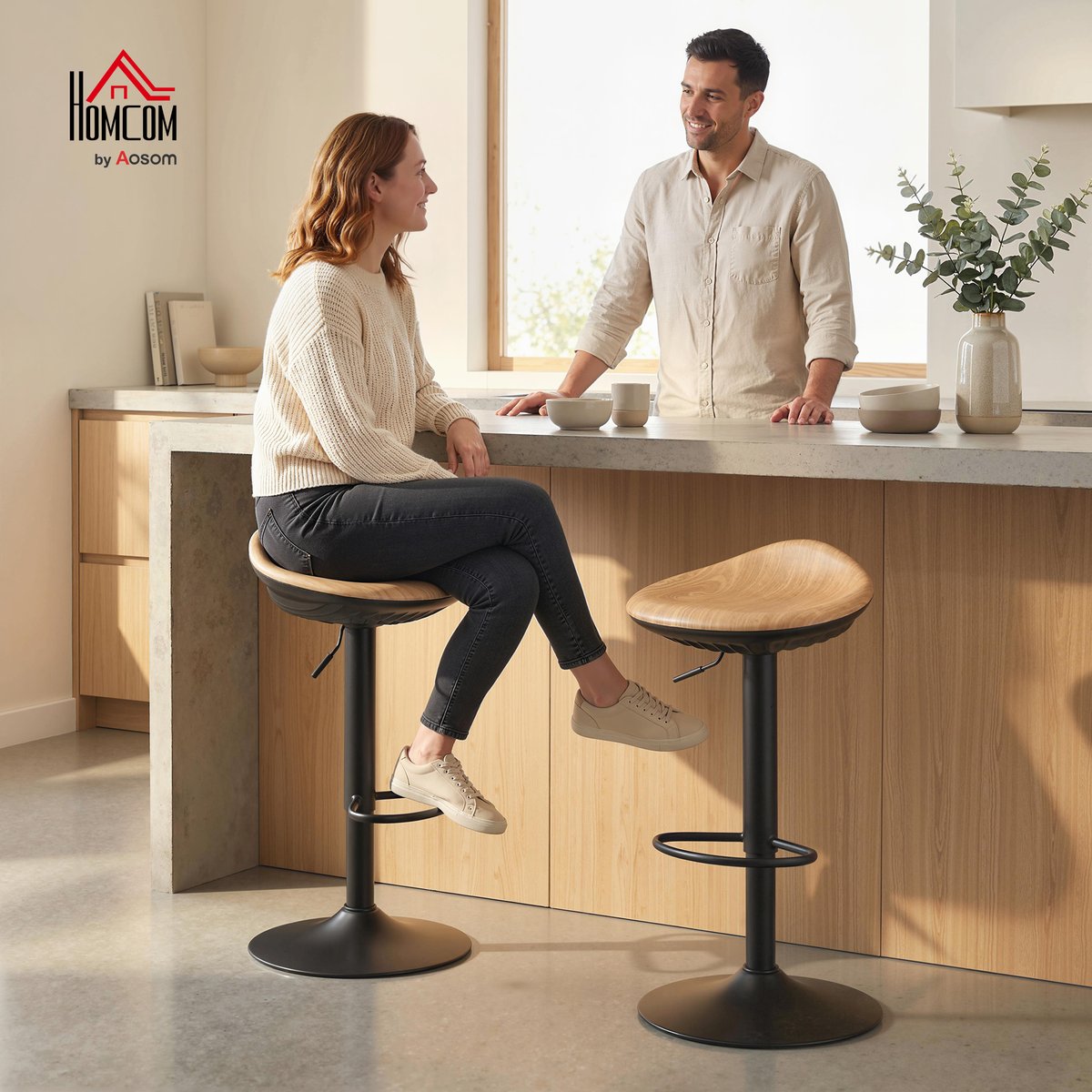 Tabouret de bar PU Chêne chêne, noir, HOMCOM
