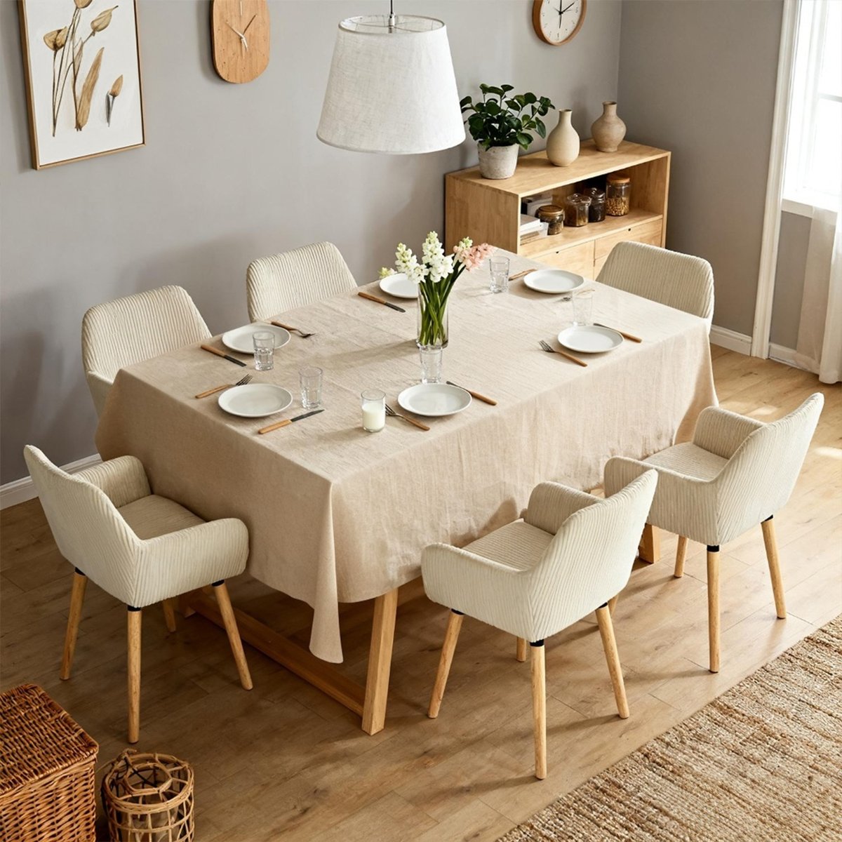 Lot de 6 chaises de salle à manger velours côtelé scandinave, ELIA beige, MEUBLES COSY