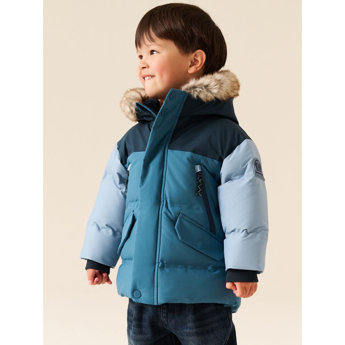 Manteau matelassé imperméable bloc de couleurs bleu, NEXT