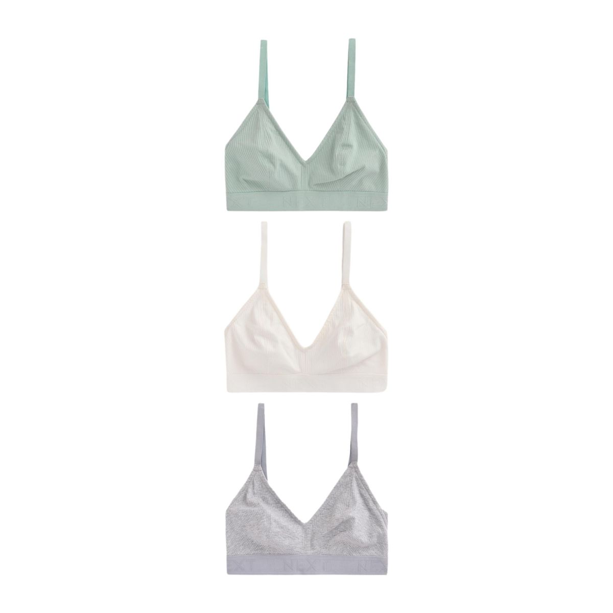 Brassière côtelée en coton à logo, lot de 3 bleu/gris/crème, NEXT