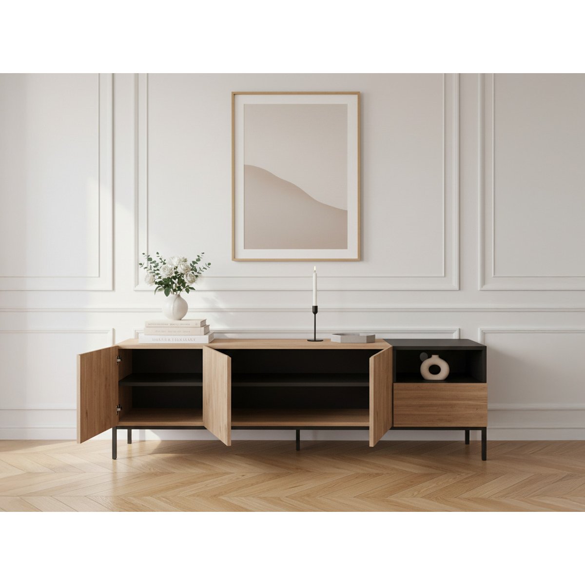 Meuble TV 180 cm panneaux de particules, CECILIA marron clair, BOBOCHIC