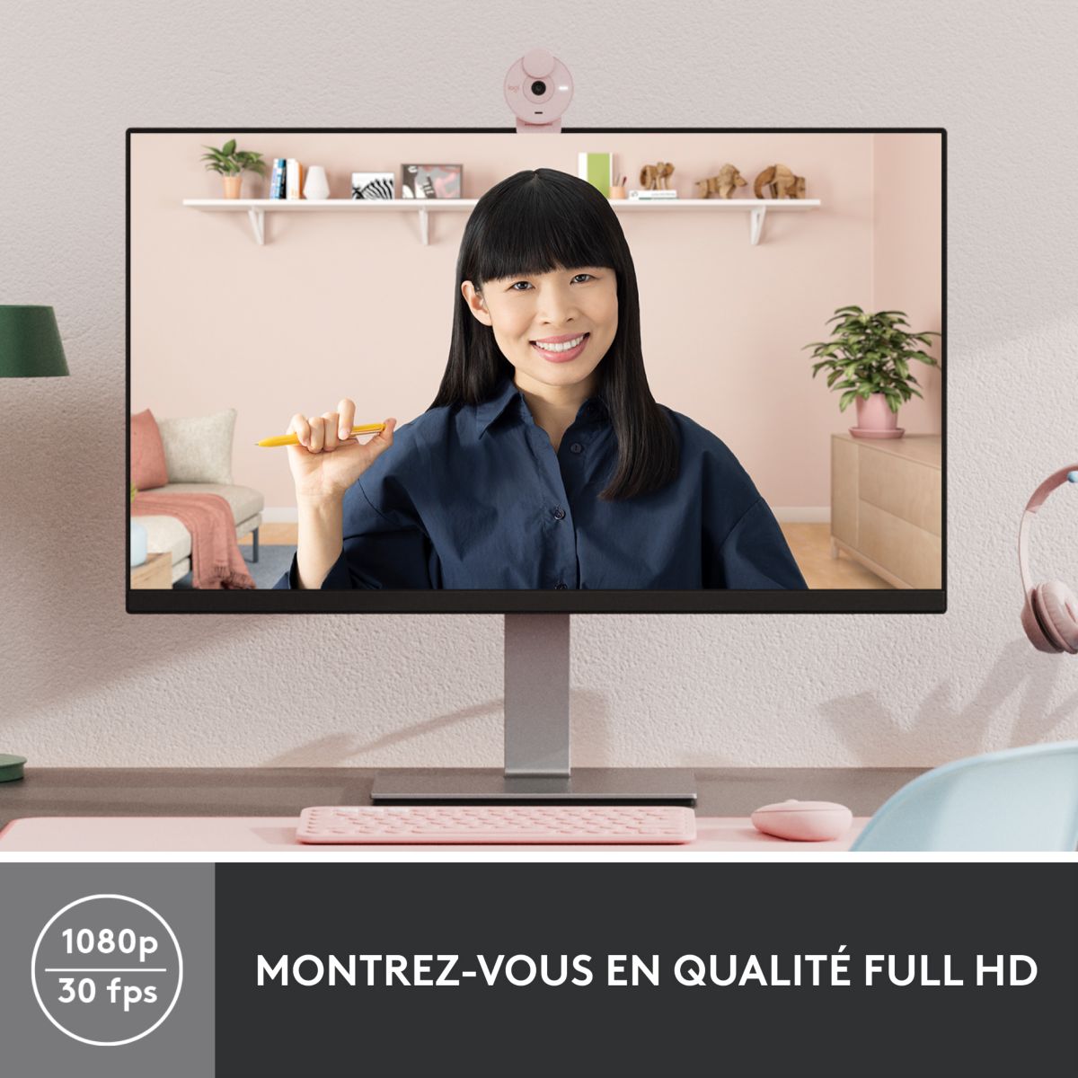 Webcam Brio 300 Full HD avec micro - Rose couleur unique, LOGITECH