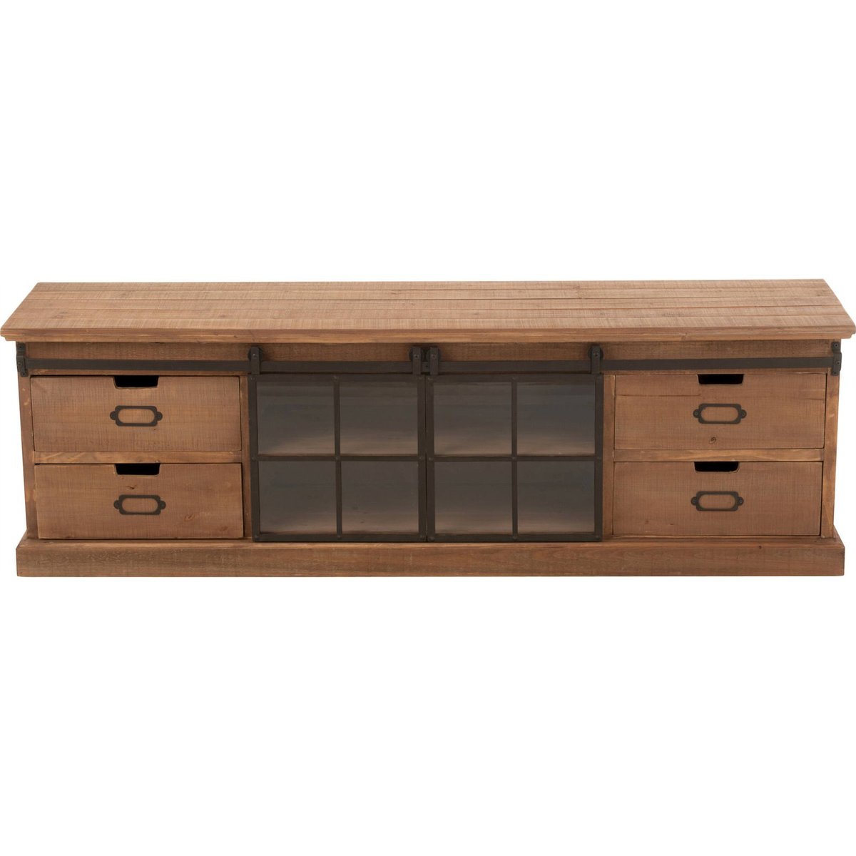 Meuble TV en bois avec portes vitrées style industriel bois naturel effet vieilli, RECOLLECTION