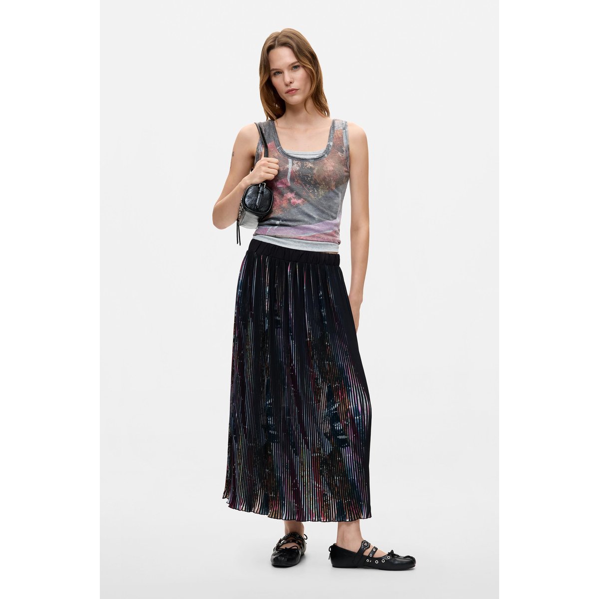 Jupe midi plissée à fleurs noir, DESIGUAL