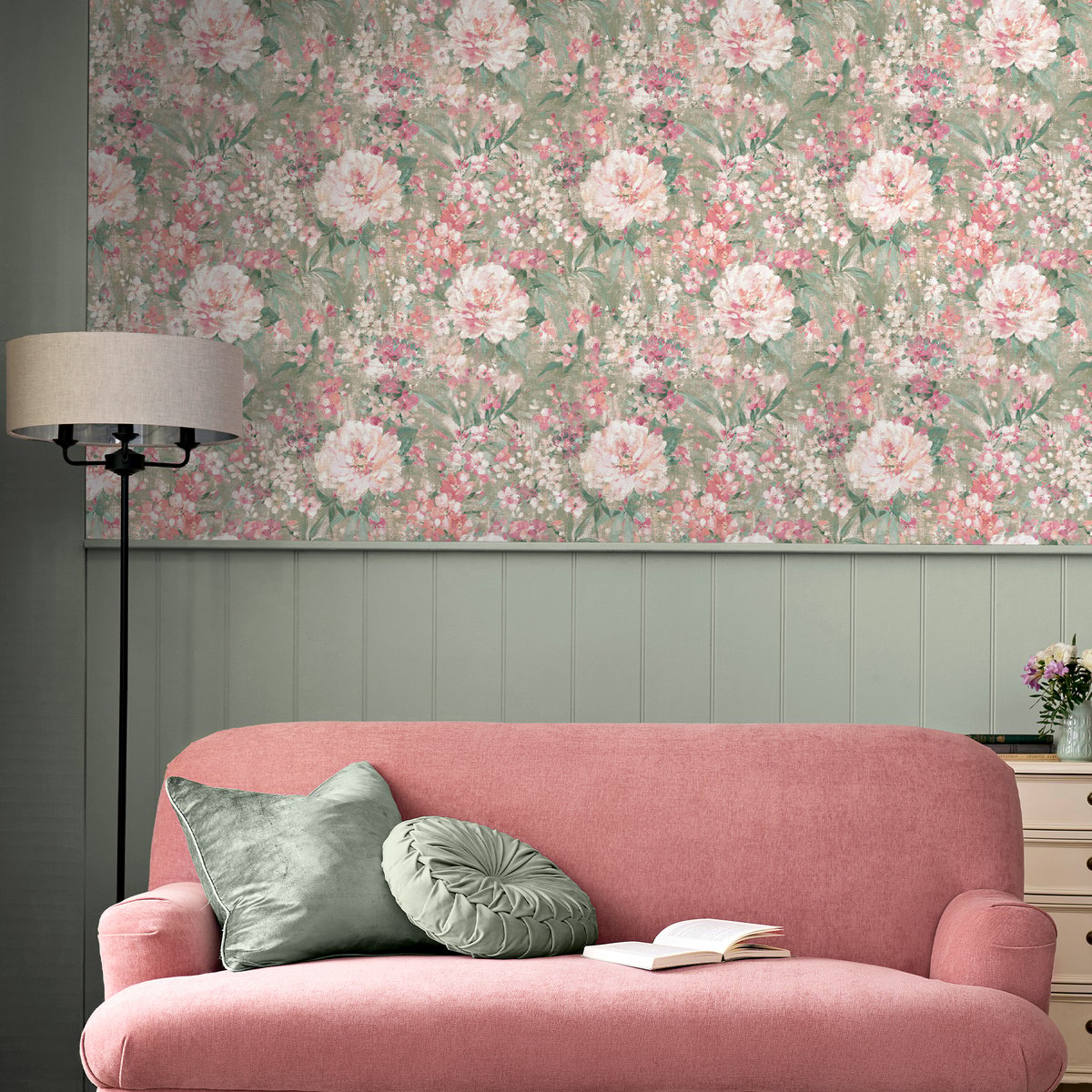 Papier peint fleuri bouquets éclos Mayville rose, vert, LAURA ASHLEY