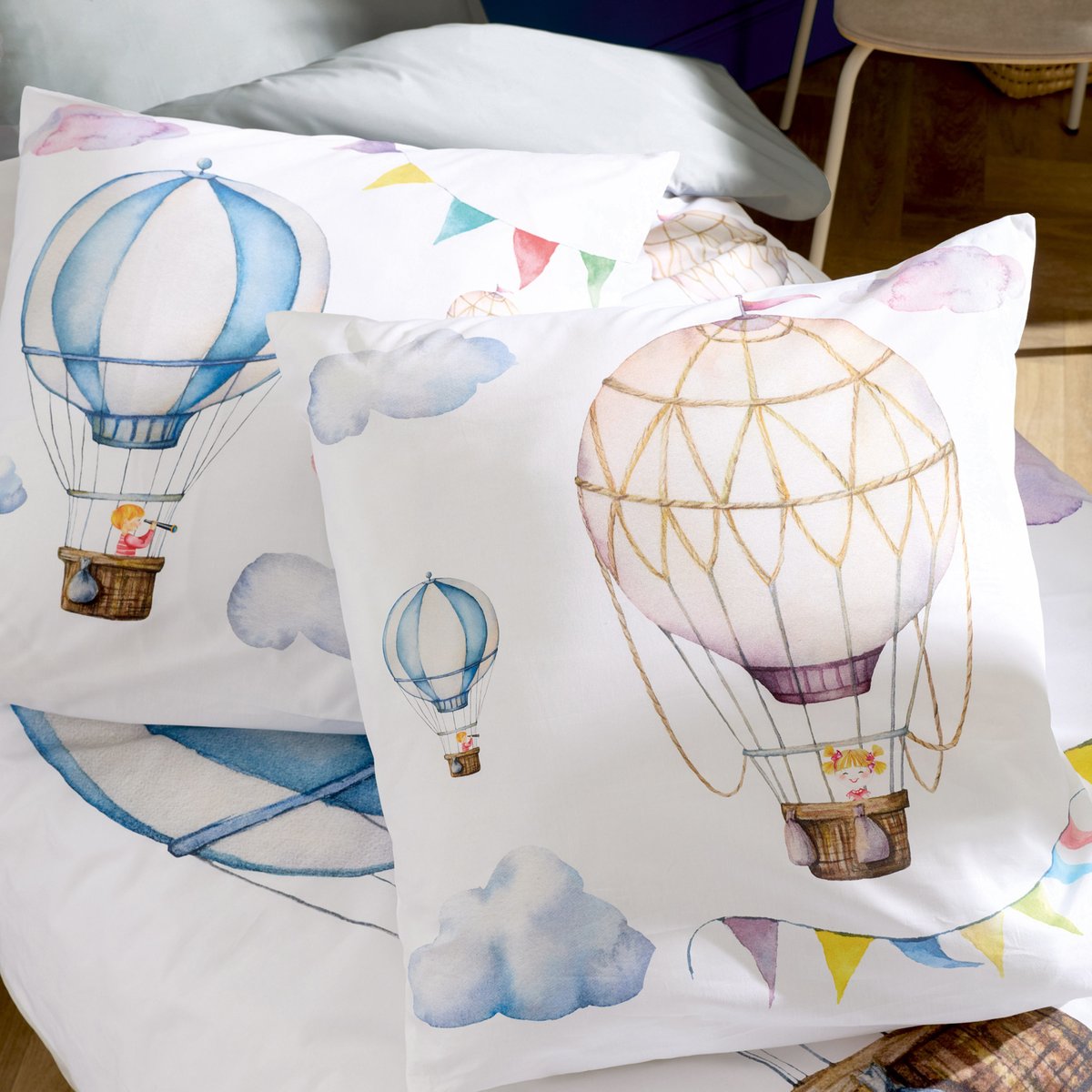 Housse de couette enfant percale de coton montgolfière bleu, TRADILINGE