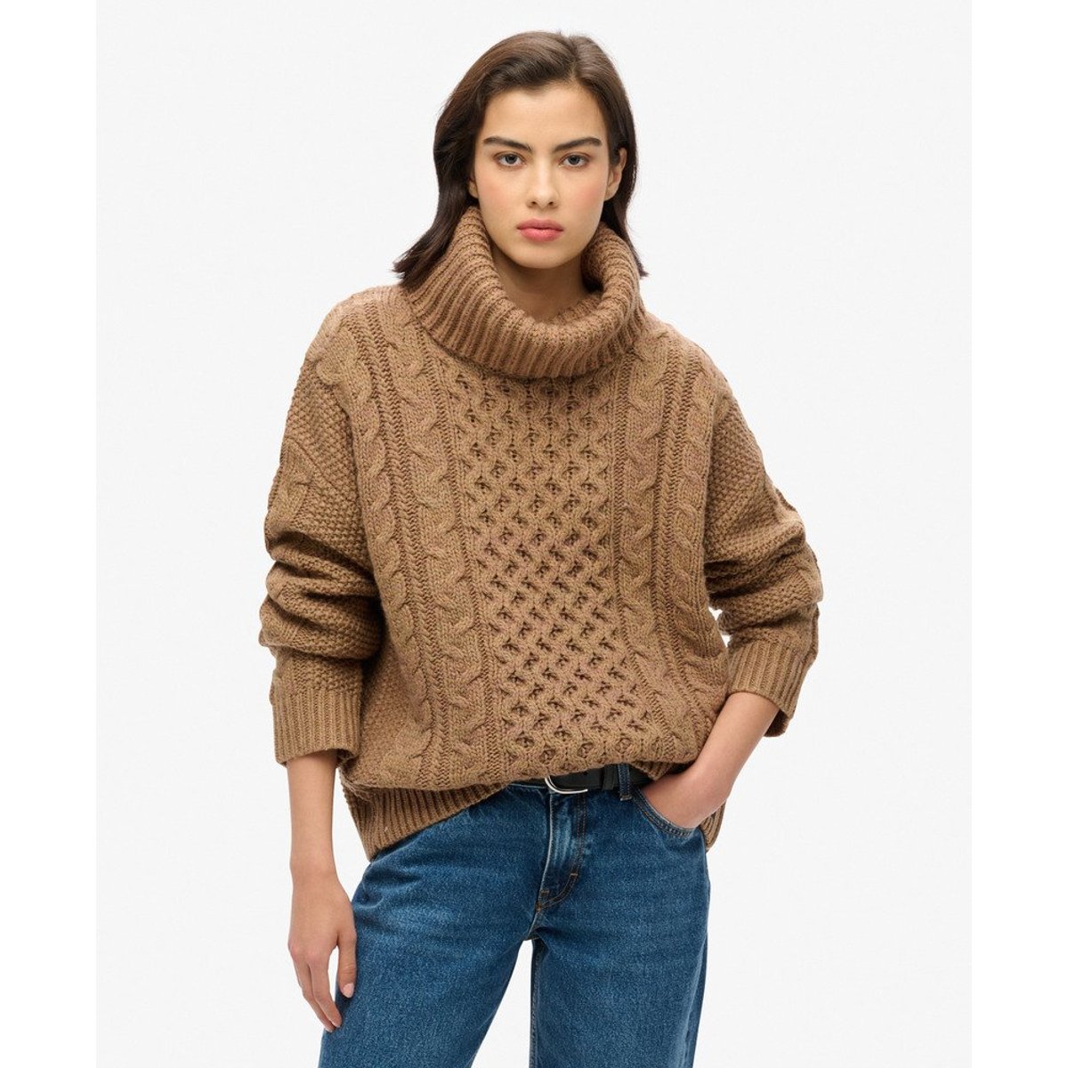 Pull en mailles torsadées à col roulé caramel insulaire twist, SUPERDRY
