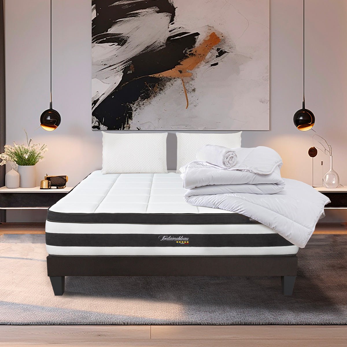 Pack Fontainebleau 90x190 cm Matelas Ressorts + Sommier Bois + Accessoires blanc, BELLECOUR