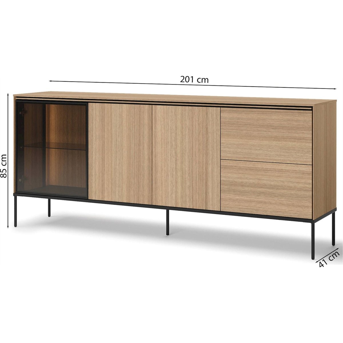 Buffet 3 portes vitrine éclairage LED chêne linéaire et noir, RECOLLECTION