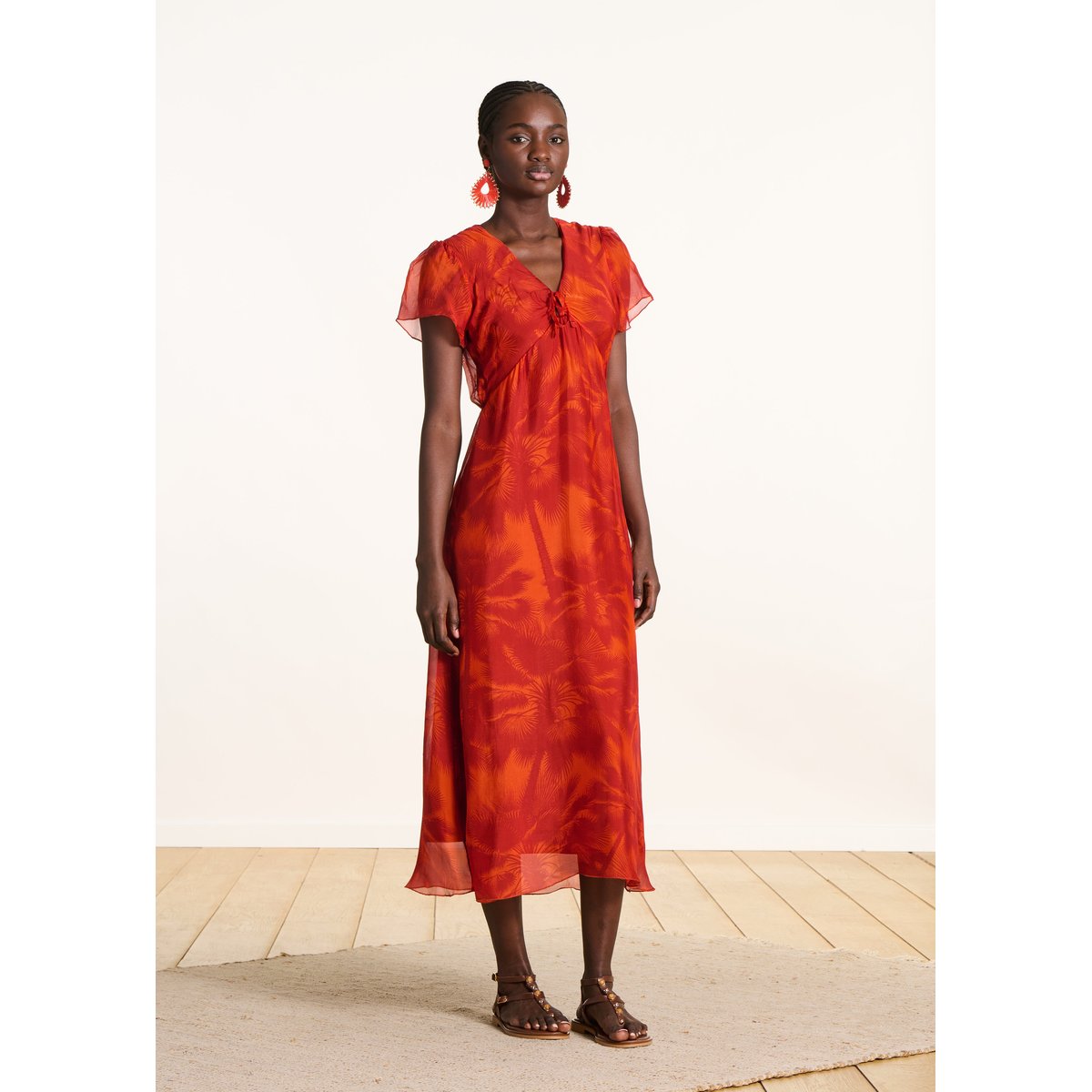 Robe longue ajustée en voile à imprimé floral orange, LA FEE MARABOUTEE