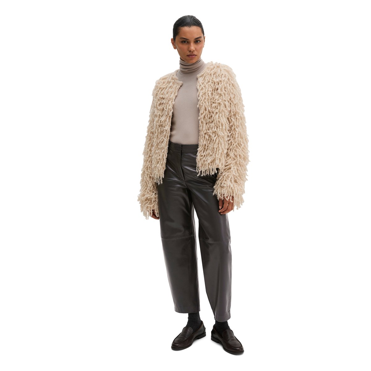 Cardigan court à franges en fil bouclé tout doux beige, MARC O'POLO