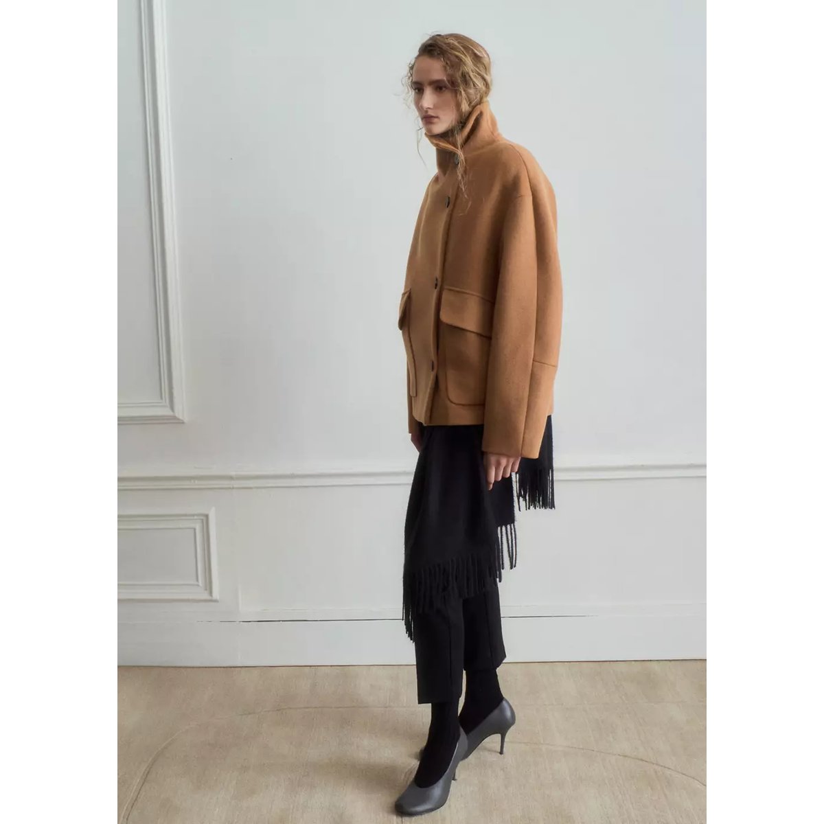 Manteau laine mélangée col cheminée marron moyen, MANGO