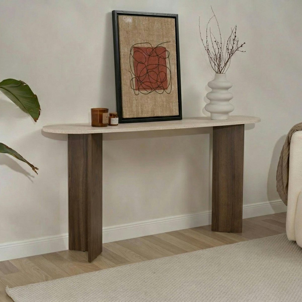 Console design - pieds en V MARFA noyer et travertin, PIER IMPORT