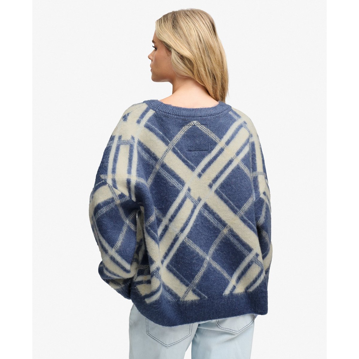Pull Check Jacquard Brossé Coupe Décontractée carreaux bleu marine et beige, SUPERDRY