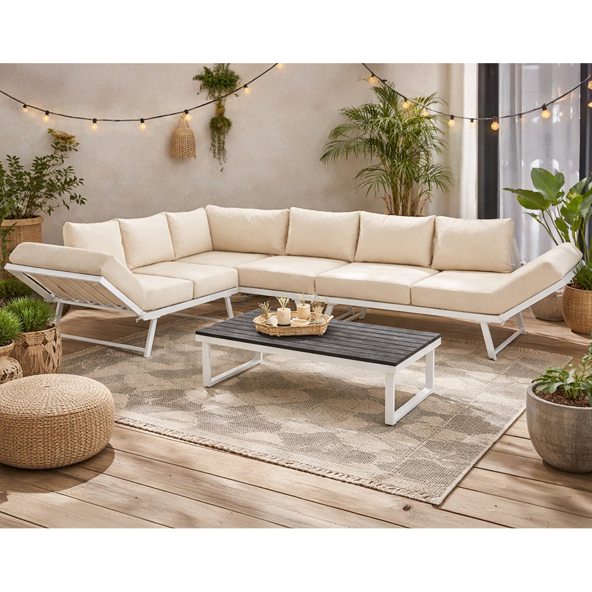 Salon de jardin d'angle 5pl et table, acier, KONNA beige/blanc, BEST MOBILIER