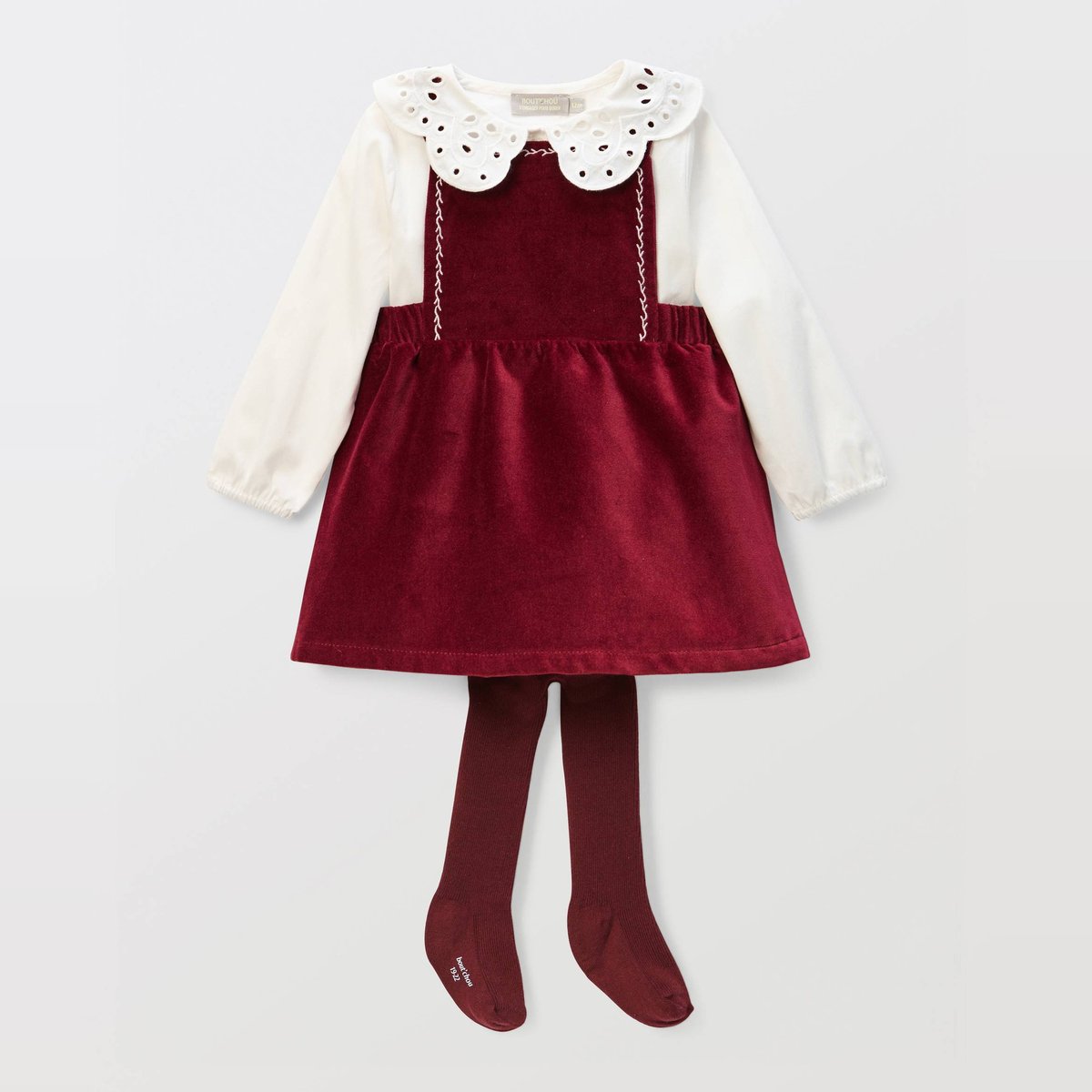 Ensemble robe en velours unie et blouse brodée en coton bordeaux, BOUT'CHOU