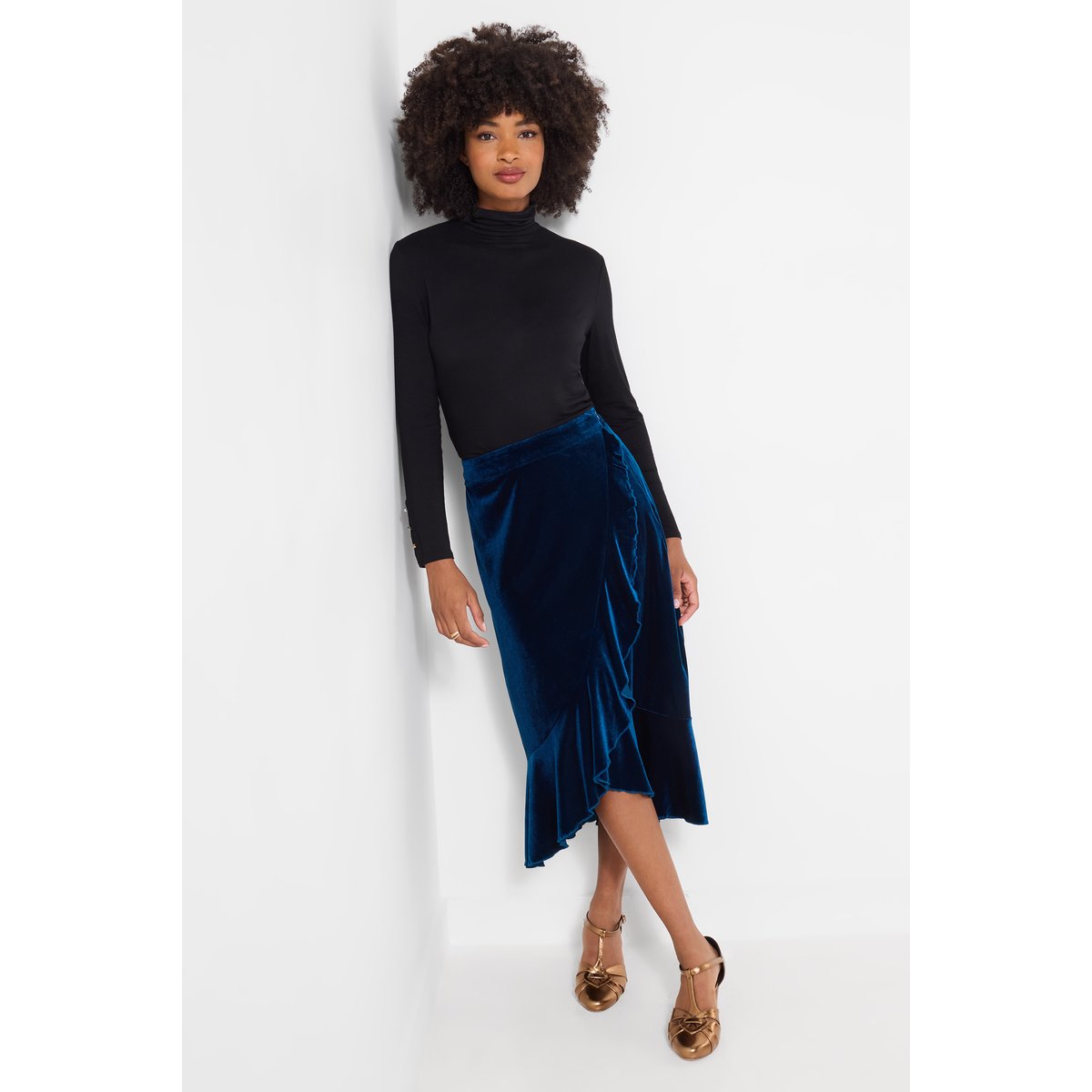 Jupe Midi Portefeuille Volantée en Velours bleu, JOE BROWNS
