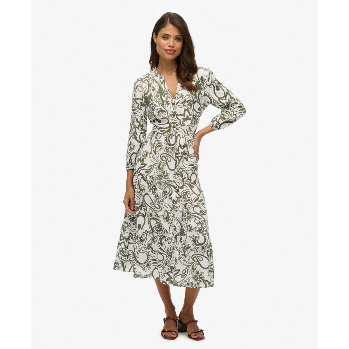 Robe mi-longue tissée à volants cachemire kaki, SUPERDRY