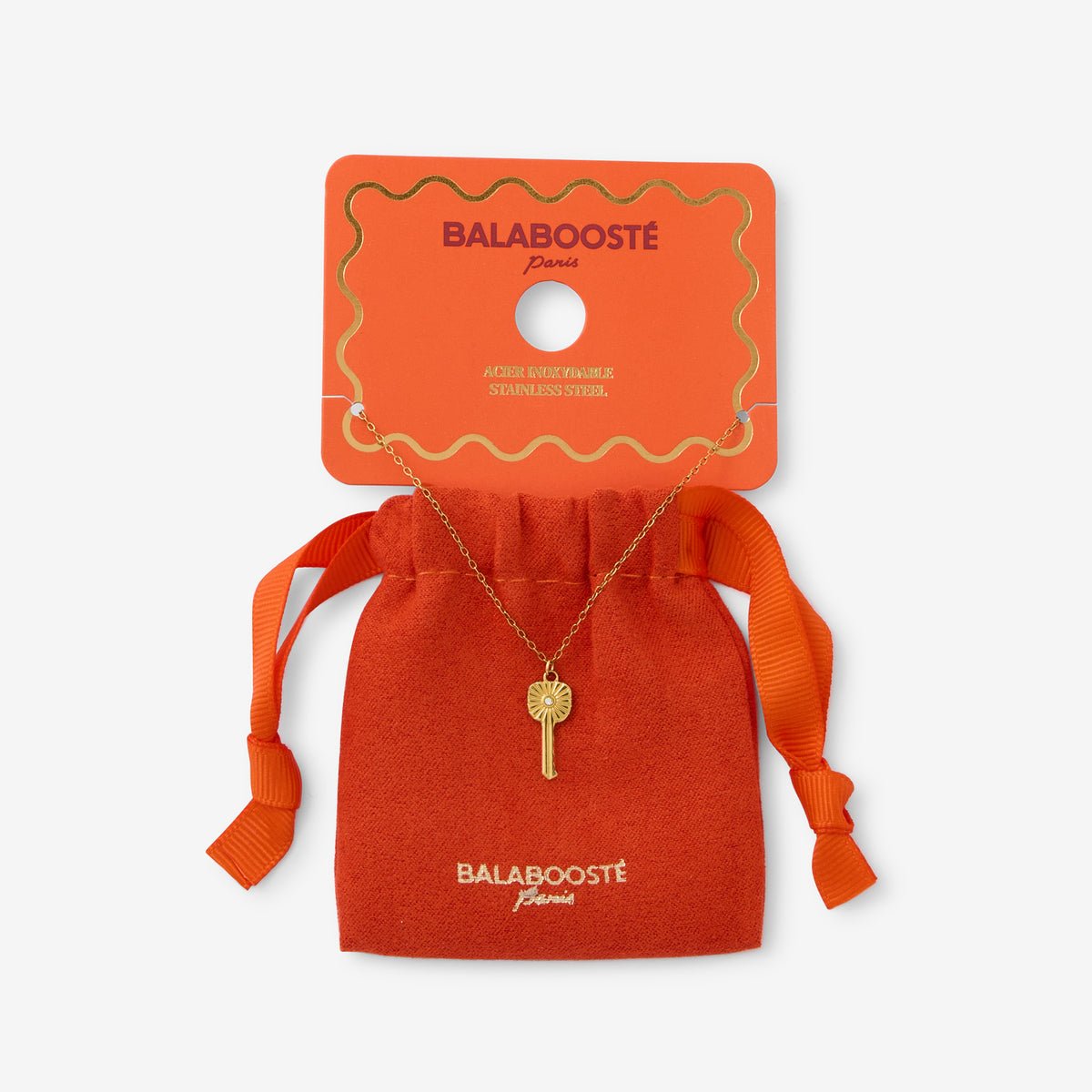 Collier pochon pendentif clé acier inoxydable doré, BALABOOSTE