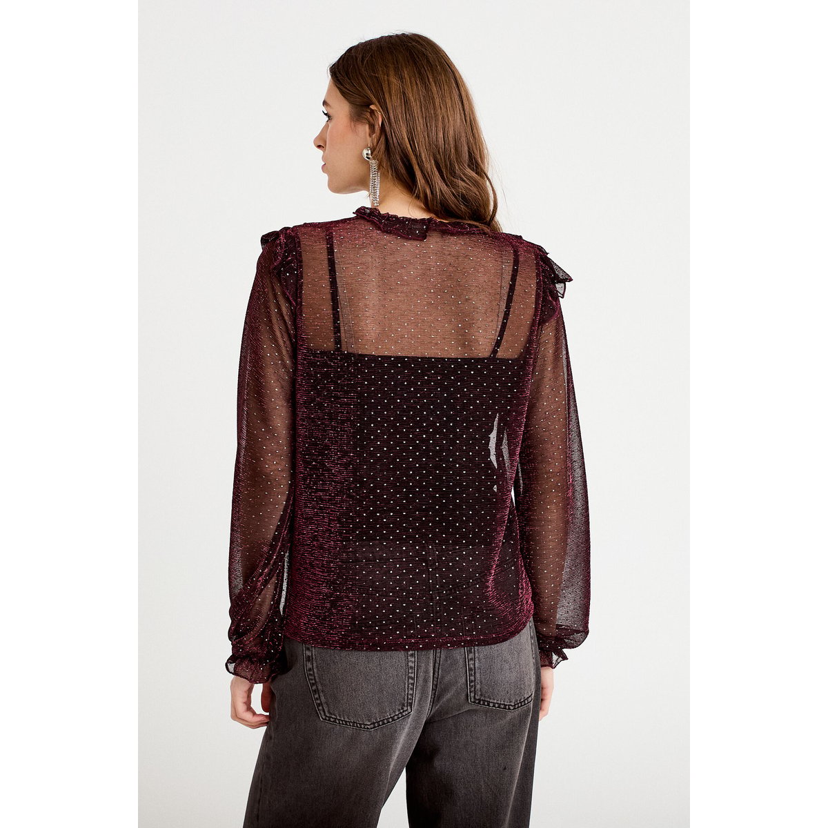 Blouse voile transparent pailleté violet foncé, CACHE CACHE