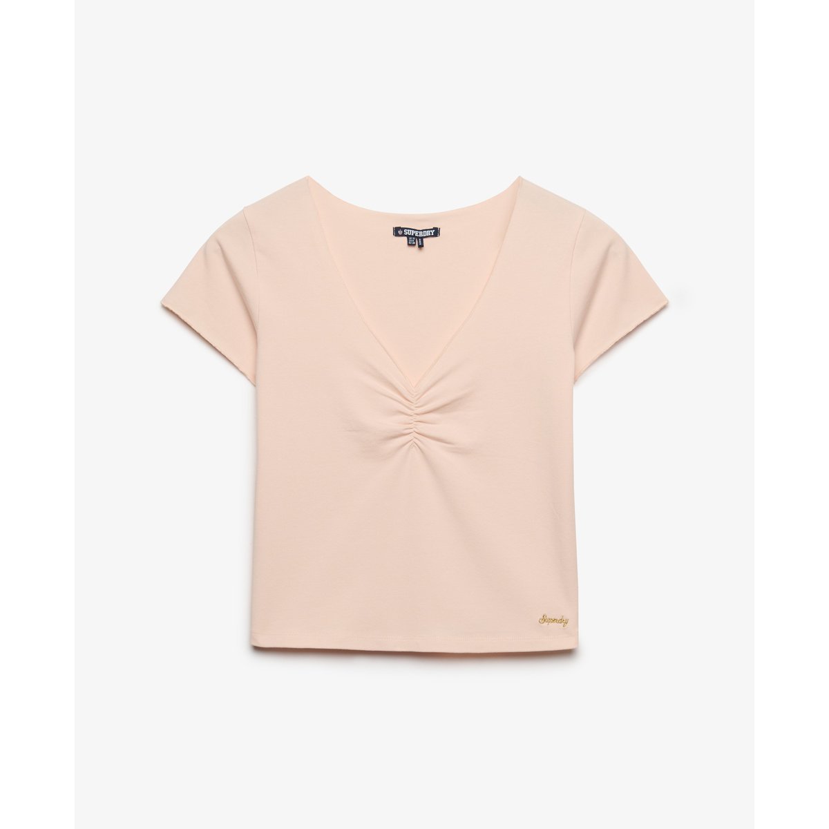 T-shirt Crop Col V Froncé Coupe Ajustée rose poudré, SUPERDRY