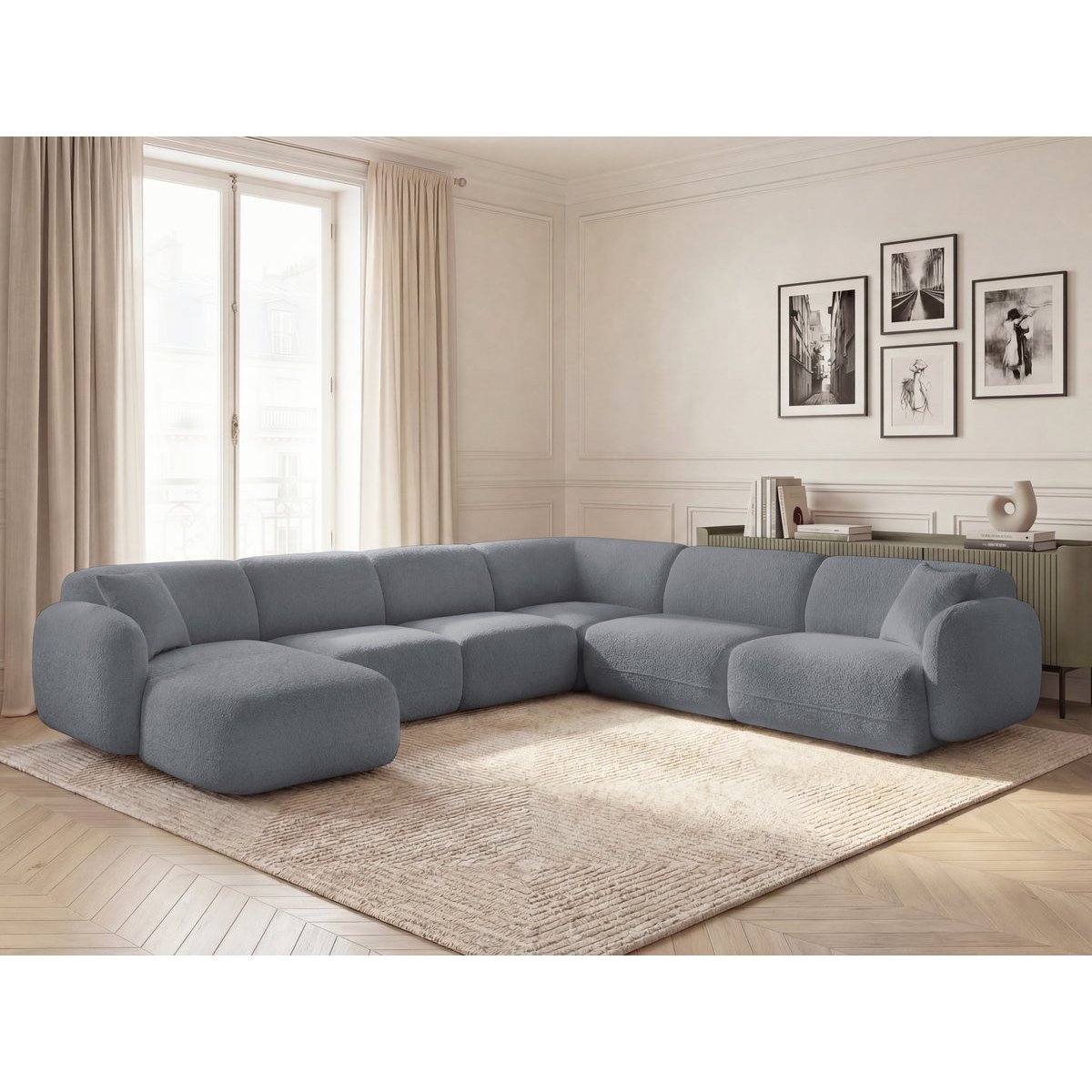 Canapé modulable 6 places en tissu chenille, ANDA gris, BOBOCHIC