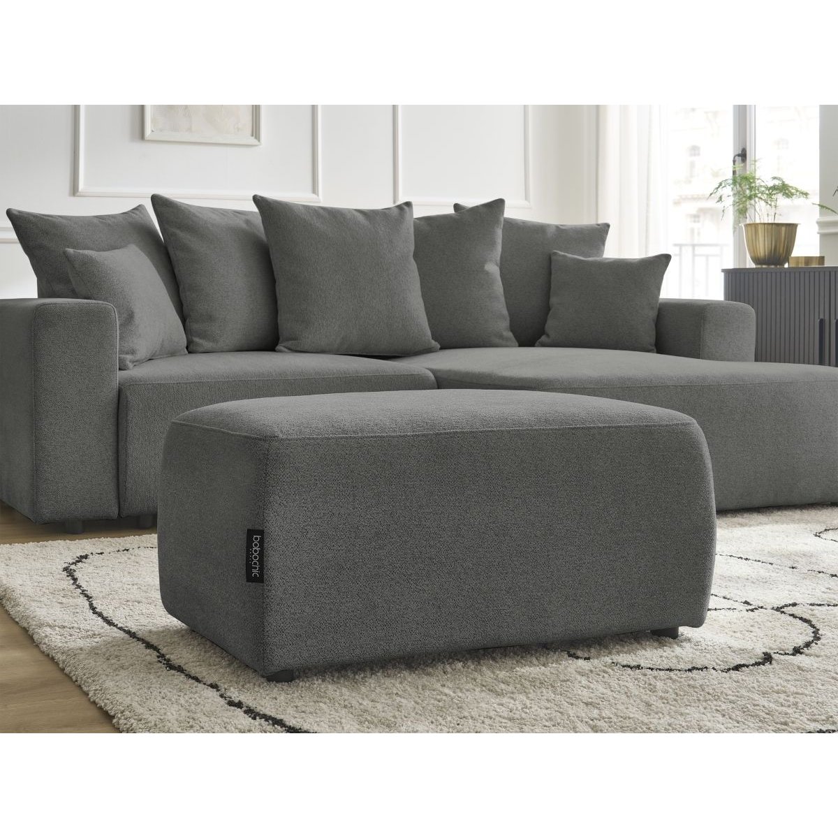 Canapé d'angle convertible 5 places en tissu chiné avec pouf, ATILLA gris foncé, BOBOCHIC