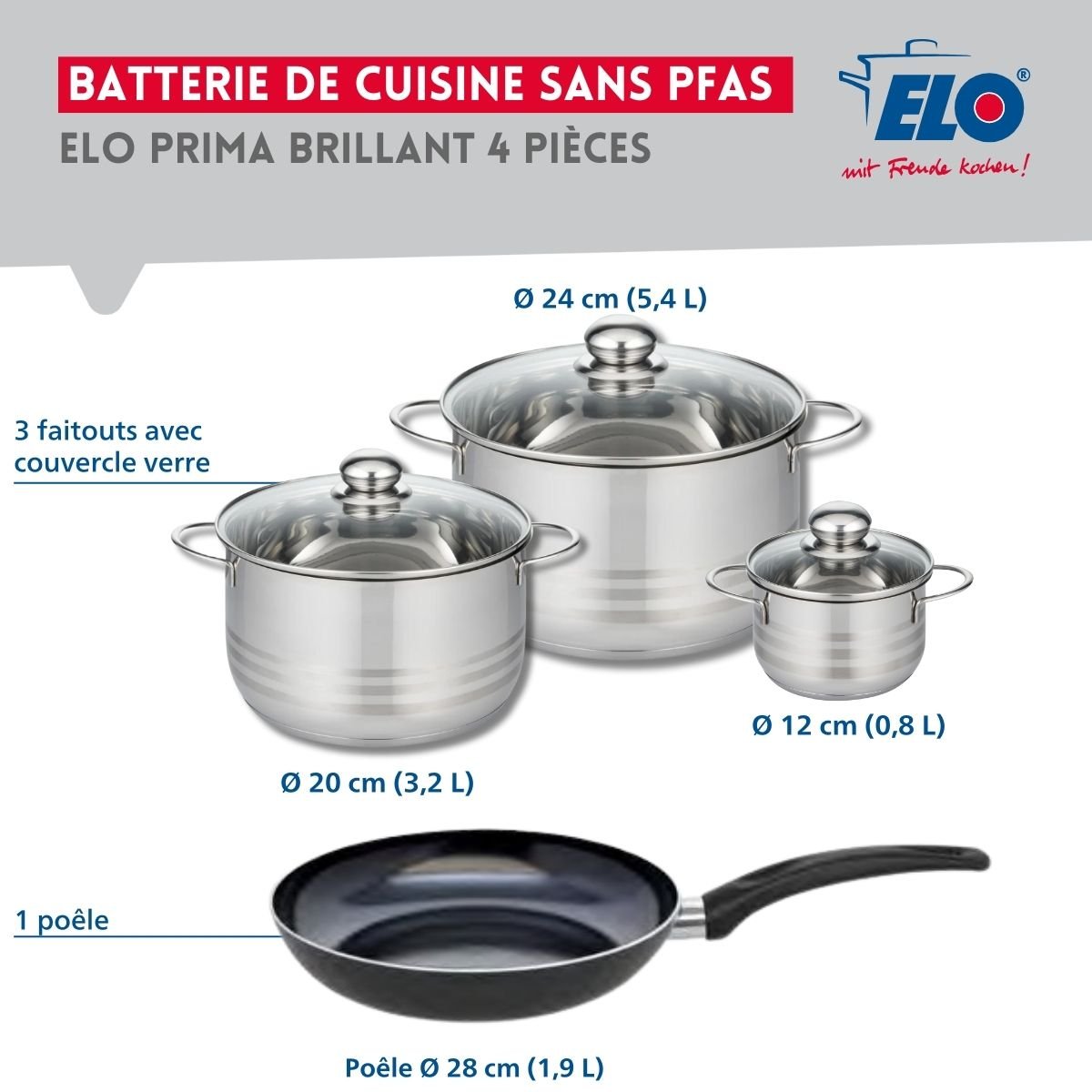Batterie 1 poêle 28cm + 3 faitouts 12/20/24cm PRIMA BRILLANT noir, ELO