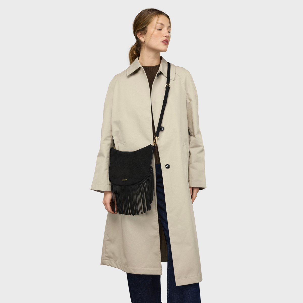 Sac à bandoulière en cuir, LUNE FRANGE noir, NAT & NIN
