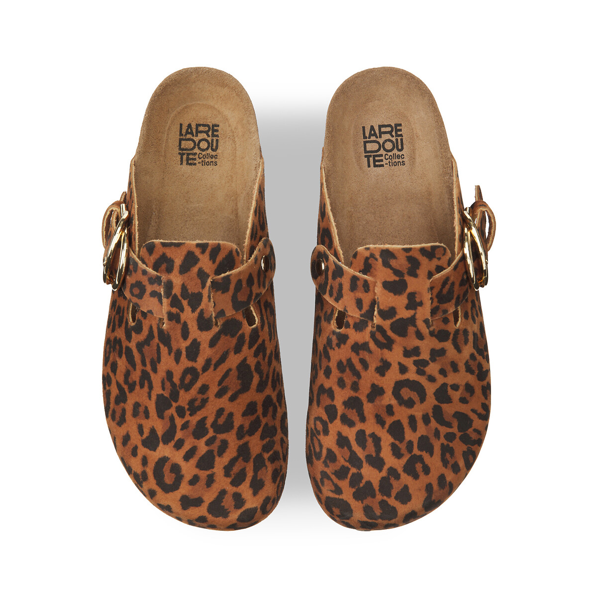 Mules sabots en cuir imprimé léopard imprimé fond marron, LA REDOUTE COLLECTIONS