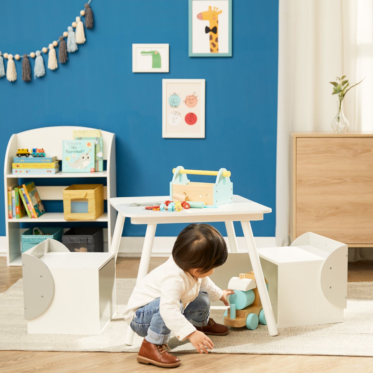 Ensemble table et 2 chaises enfant avec rangements intégrés, Gris couleur unique, TEAMSON KIDS