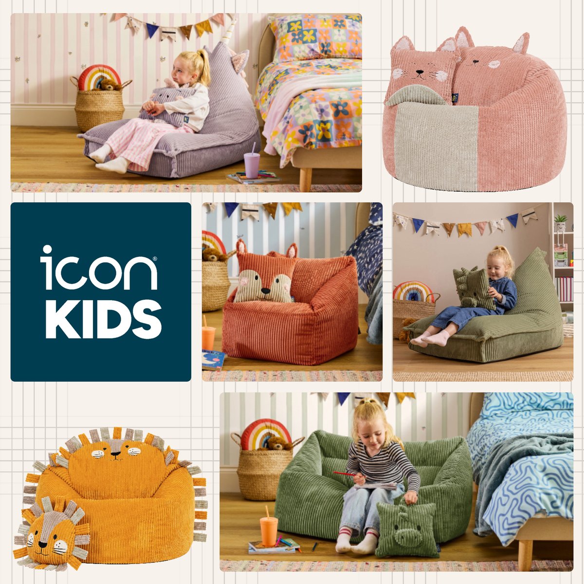 Pouf fauteuil enfant avec coussin animal en velours côtelé Oeko-Tex® - NATALIA rose chat, ICON