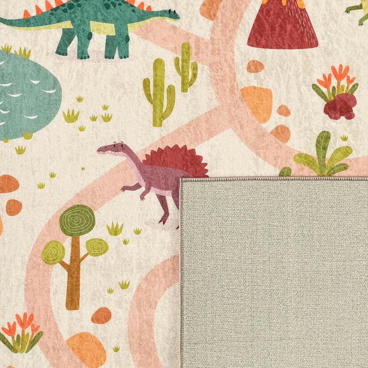 Tapis enfant lavable en machine, motif dinosaure HAPPY couleur unique, NAZAR RUGS