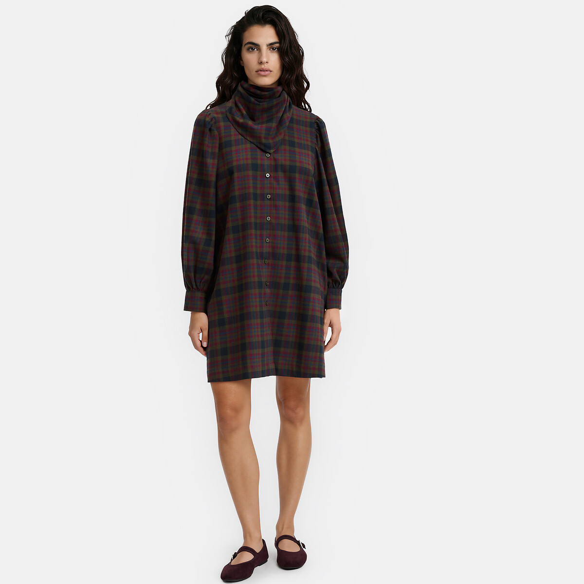 Robe courte à carreaux avec foulard carreaux bleu/bordeaux, LA REDOUTE COLLECTIONS