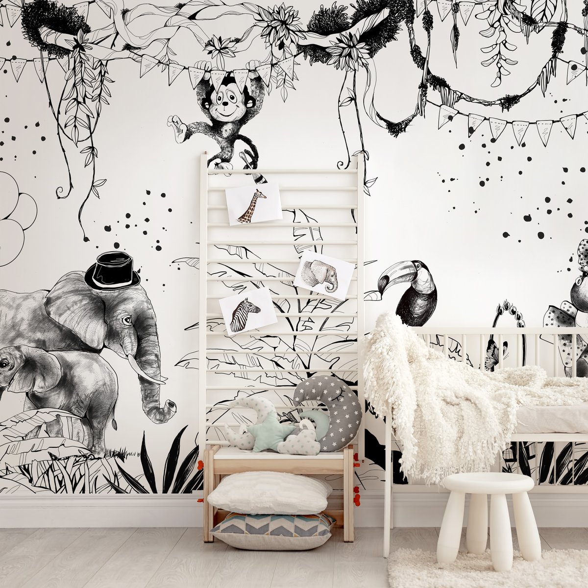 Papier peint panoramique Cirque de la jungle, Noir et blanc 425 x 250cm noir et blanc, ACTE DECO