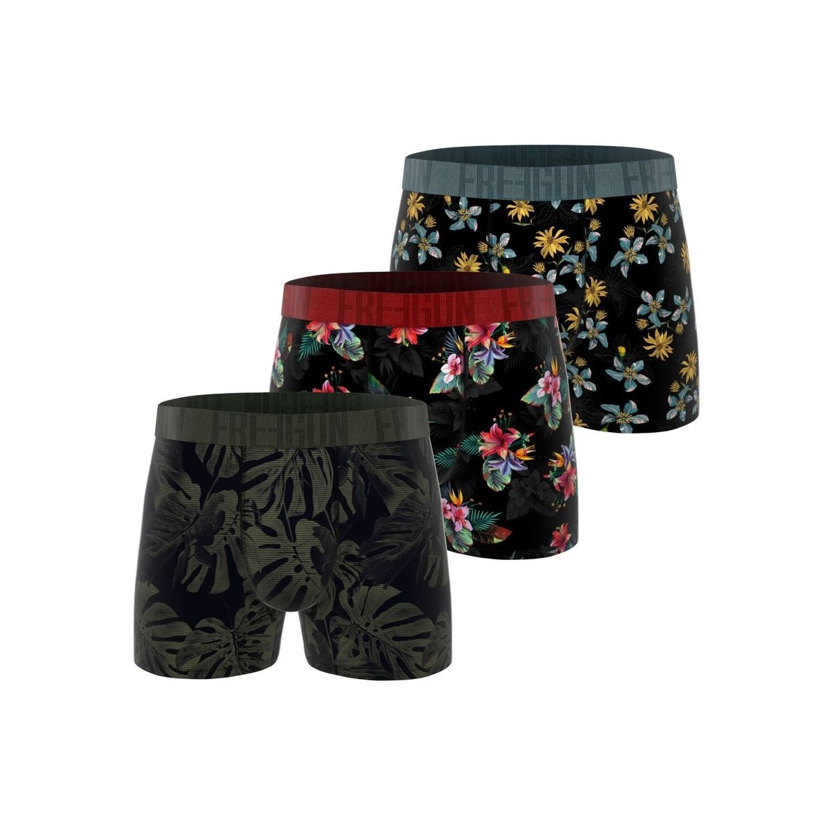 Lot De 3 Boxers Flower kaki/noir/rouge/bleu/jaune, FREEGUN