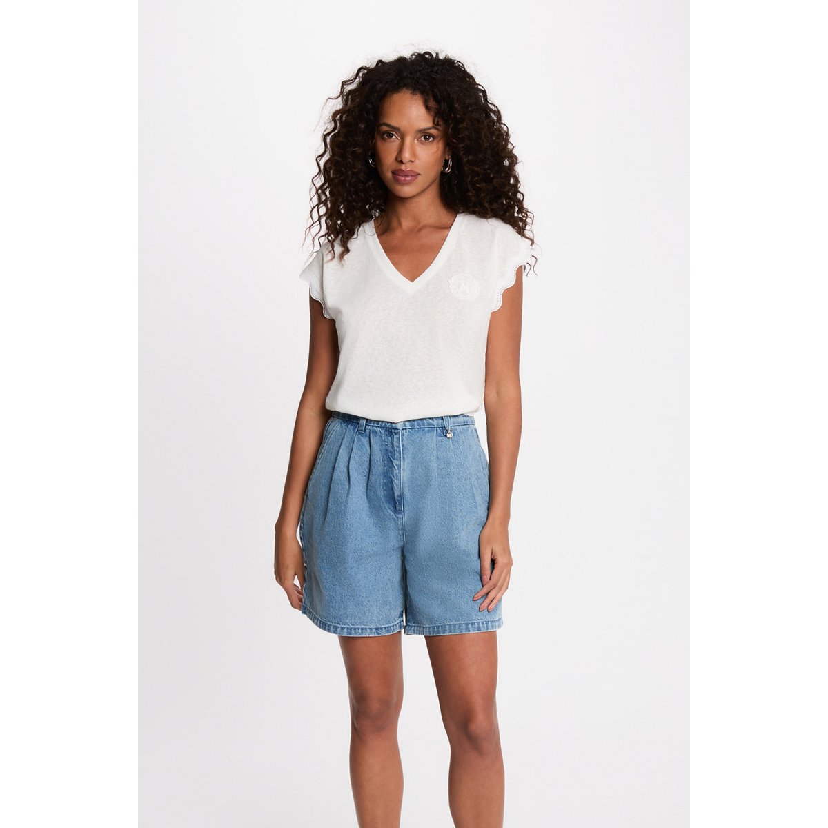 T-shirt col v manches courtes blanc, MORGAN