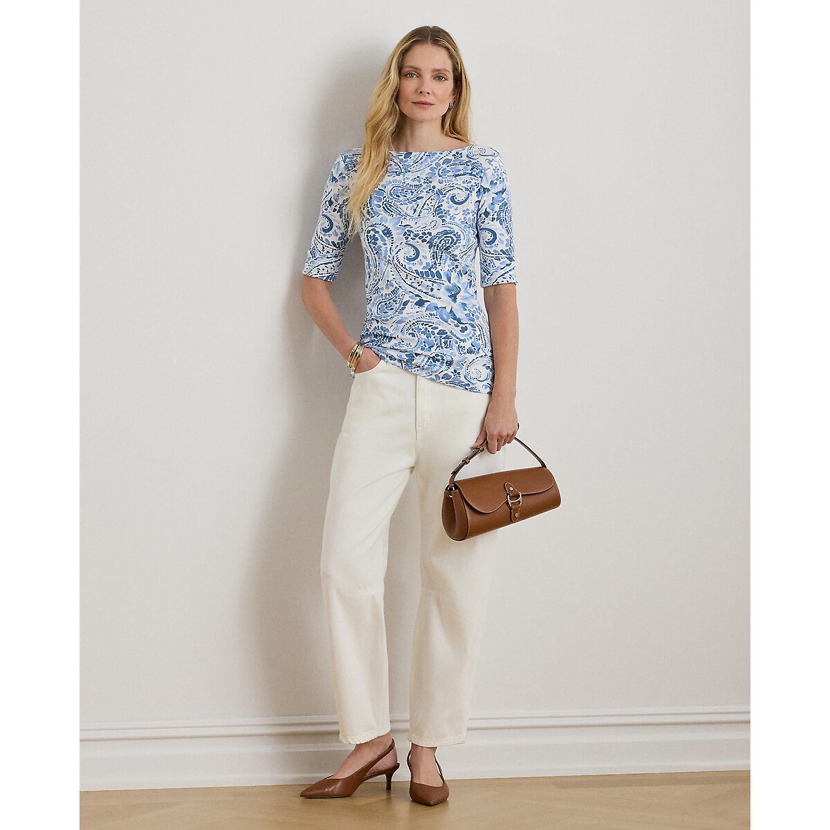 T-shirt manica corta con scollo a barca, stampa cachemire, JUDY fantasia blu/bianco, LAUREN RALPH LAUREN