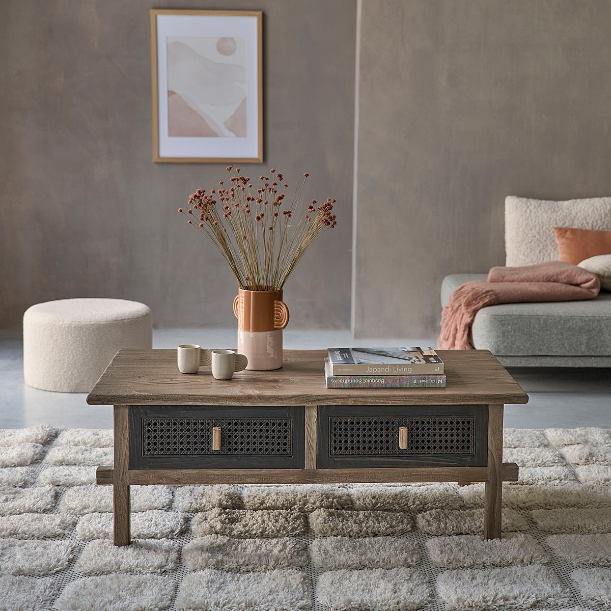 Table basse en bois recyclé massif 110 cm 2 tiroirs JUNKO gris, BERAH GETAH