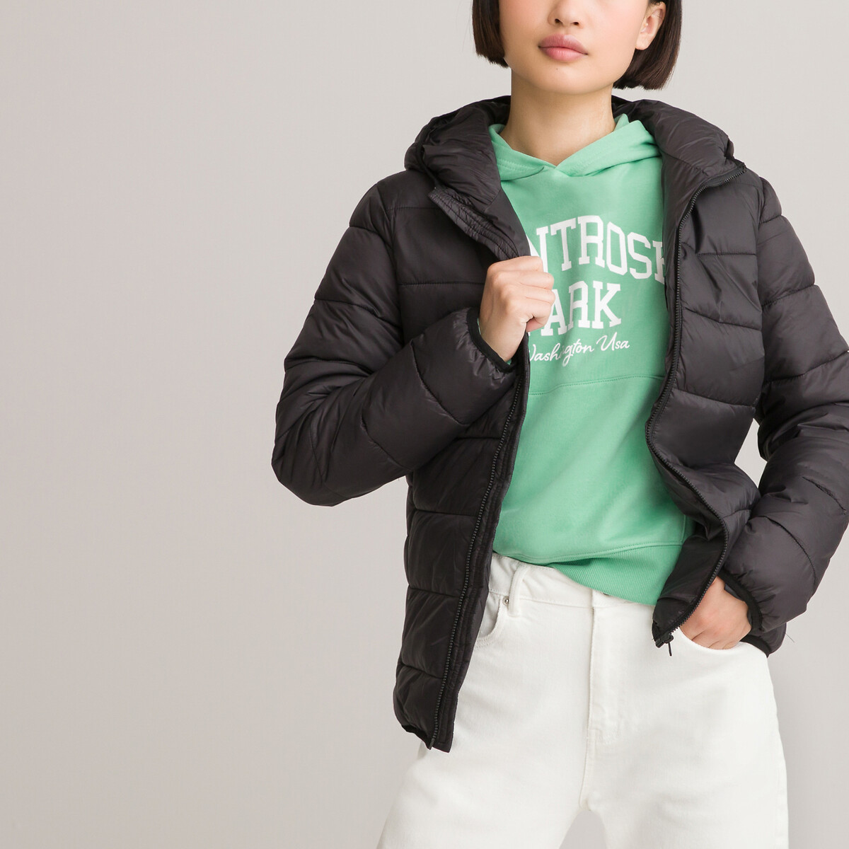 Hooded Padded Jacket with Pouch black, LA REDOUTE COLLECTIONS